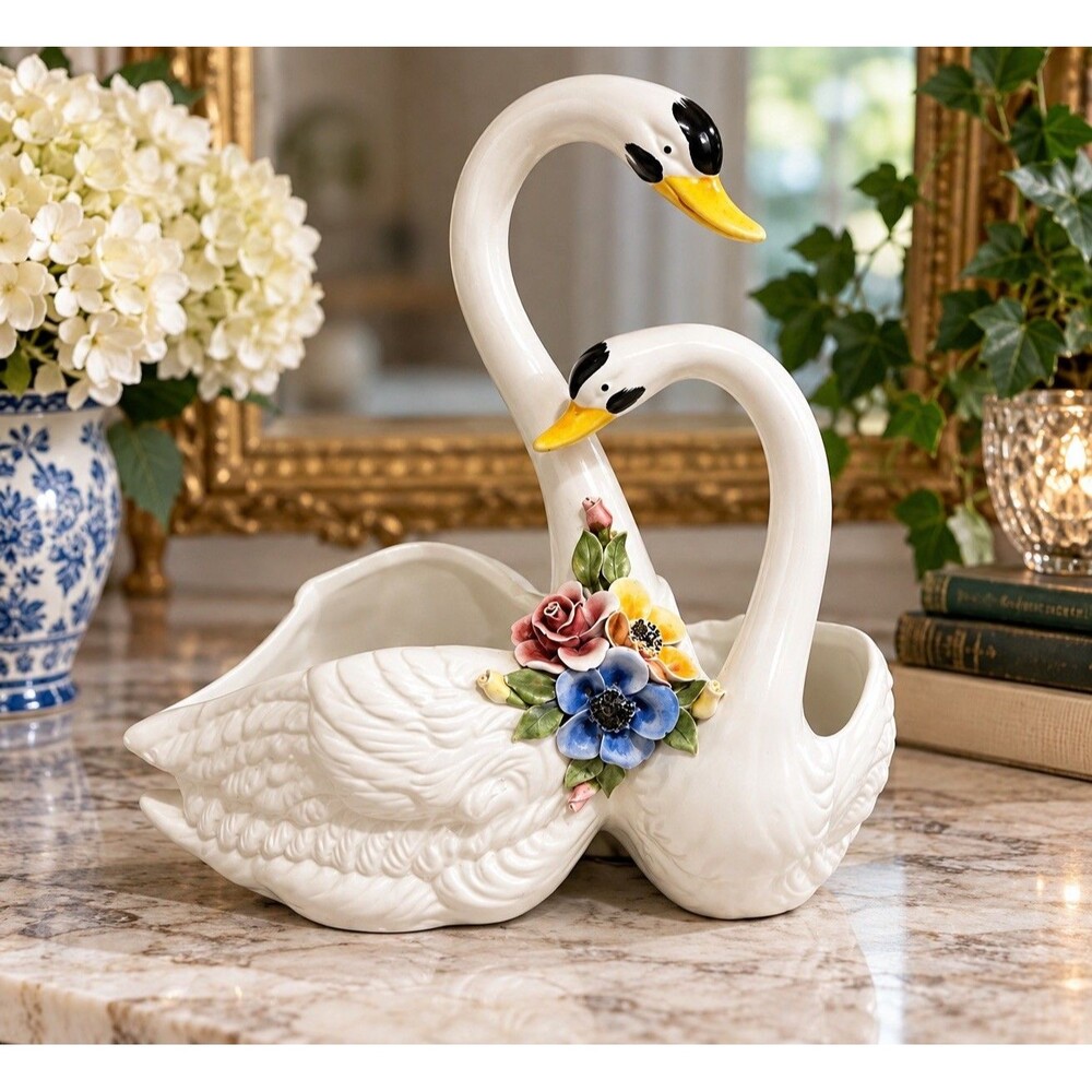 Bassano Italy Ceramic Swan Pair Planter with Floral Detail